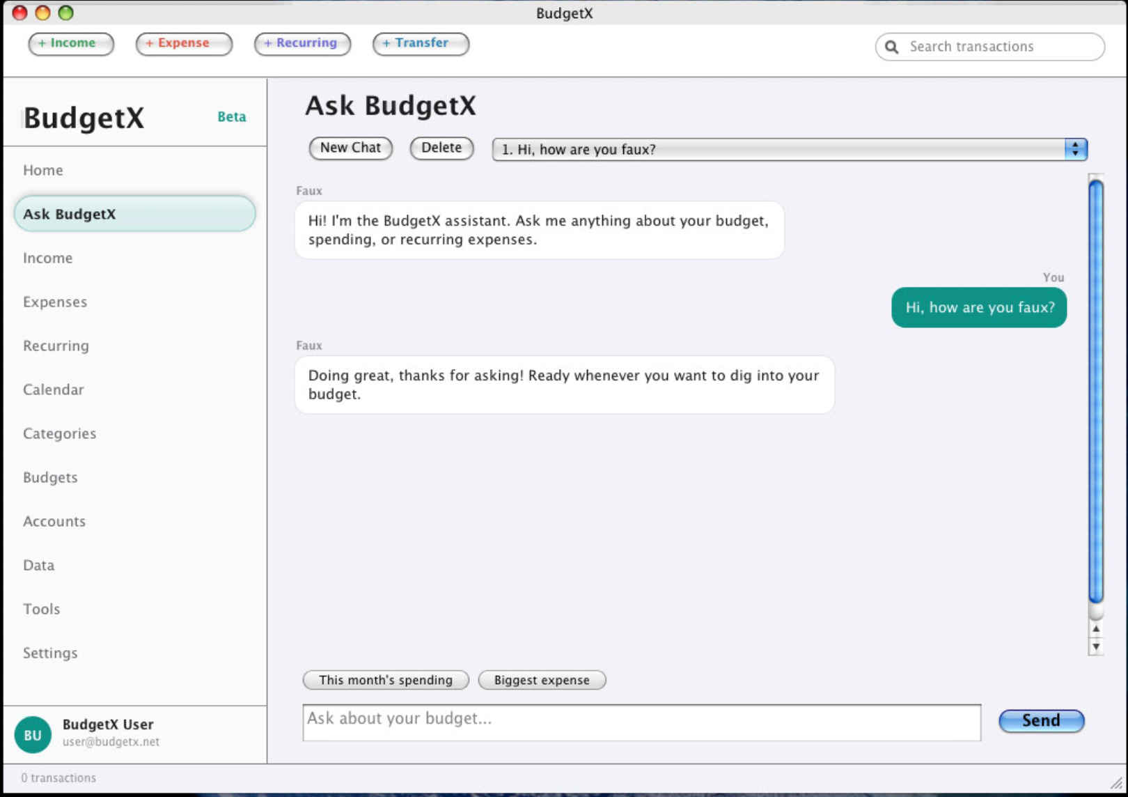 Faux, the BudgetX AI assistant, answering a budgeting question on a PowerPC Mac