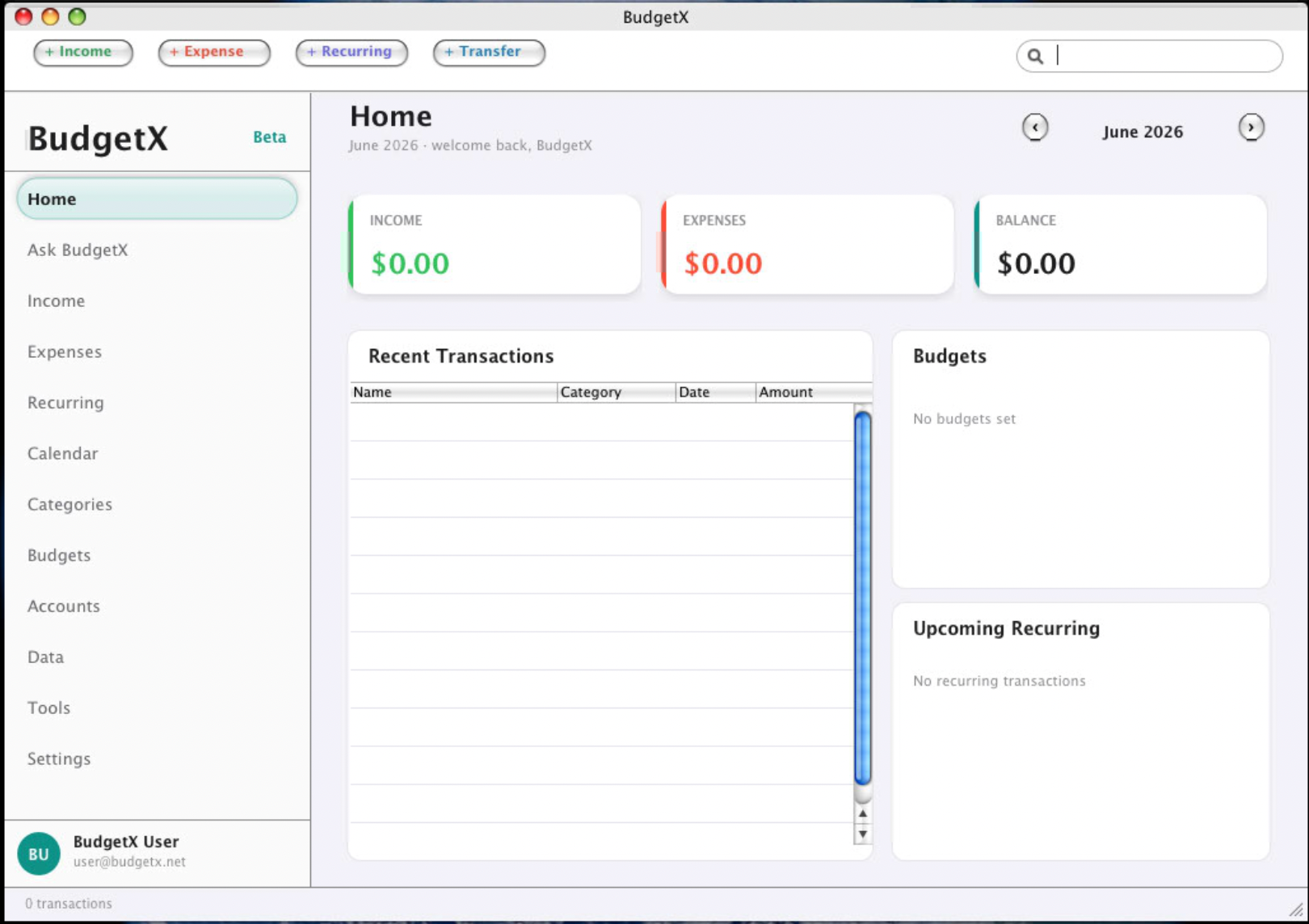 BudgetX Vintage running on Mac OS X Leopard on a Power Mac G5 — home screen with spending overview